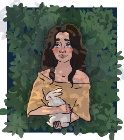 ilustración de una mujer sujetando un conejo blanco